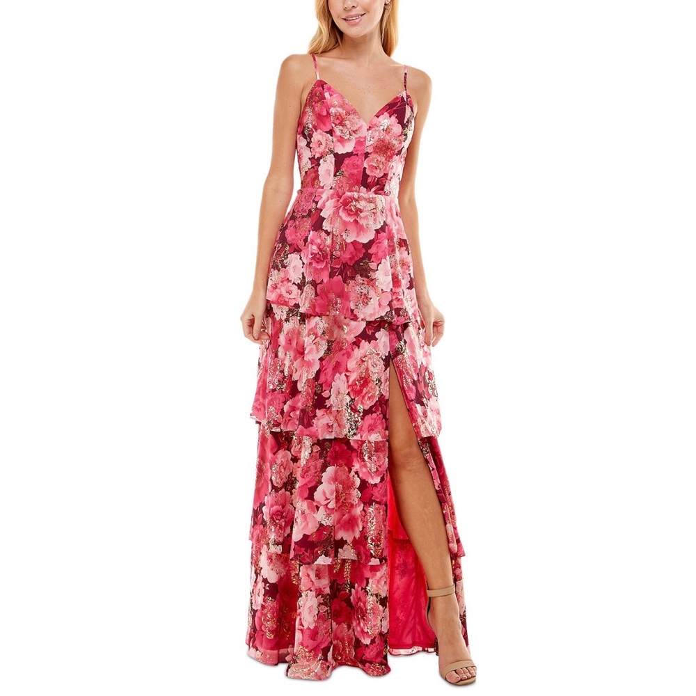 Juniors' Tiered Floral-Print Lurex Maxi Dress